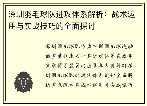 深圳羽毛球队进攻体系解析：战术运用与实战技巧的全面探讨